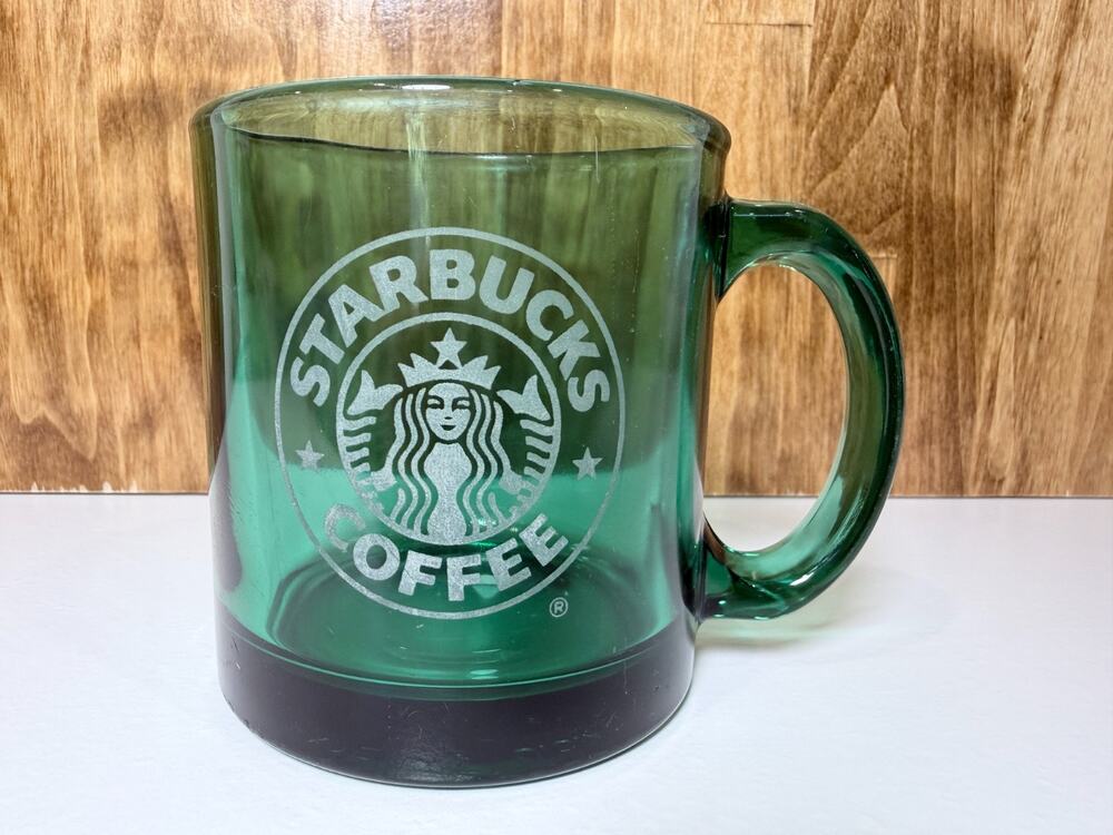 Vintage 1990s Starbucks Green Glass Mug Etched Siren Logo Made in USA